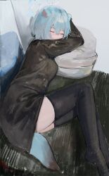 1girl alternate_costume animal_ears aqua_hair black_thighhighs blue_archive closed_eyes flippy_(cripine111) hair_between_eyes halo highres indoors long_sleeves lying on_side pillow shigure_(blue_archive) short_hair sleeping solo tail thighhighs weasel_ears weasel_girl weasel_tail