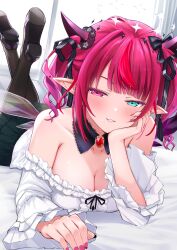 Rule 34 | + +, 1girl, absurdres, aqua eyes, bare shoulders, bed sheet, black bow, black collar, black halo, black horns, black nails, black pantyhose, black ribbon, black shoes, black skirt, blush, bow, breasts, cleavage, collar, collarbone, commentary, detached collar, english commentary, fangs, fingernails, frilled shirt, frills, gem, grin, hair bow, hair ribbon, halo, heckler kai, heterochromia, highres, hololive, hololive english, horns, indoors, irys (hololive), large breasts, long hair, lying, multicolored hair, multicolored nails, nail polish, on stomach, pantyhose, pink eyes, pink hair, pink nails, pink wings, pointy ears, purple wings, red gemstone, red hair, ribbon, shirt, shoes, skirt, smile, solo, streaked hair, striped ribbon, teeth, the pose, transparent wings, two-tone hair, two-tone nails, two side up, virtual youtuber, white halo, white shirt, window, wings