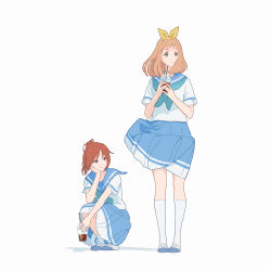 Rule 34 | 2girls, blonde hair, blue neckerchief, blue sailor collar, blue serafuku, blue skirt, brown hair, closed mouth, commentary request, cup, disposable cup, drinking straw, full body, green eyes, hair ribbon, hibike! euphonium, highres, holding, holding cup, kitauji high school uniform, lizybrush, looking at another, medium hair, multiple girls, nakagawa natsuki, neckerchief, pleated skirt, purple eyes, ribbon, sailor collar, school uniform, serafuku, simple background, skirt, squatting, standing, white background, wind, yellow ribbon, yoshikawa yuuko, yuri