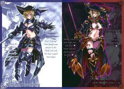 1girl alameria_crescentria alternate_costume armor armored_boots armored_skirt asymmetrical_legwear before_and_after bikini_armor blonde_hair body_markings boots breastplate breasts chain character_name collar corruption dark_persona dhampir dhampir_(monster_girl_encyclopedia) dhampir_alameria dual_persona english_text feathers female_focus full_body gauntlets gluteal_fold half-human half-undead hat hat_feather highres hip_tattoo jacket kenkou_cross large_breasts leg_tattoo military mixed_species monster_girl monster_girl_encyclopedia monster_girl_encyclopedia_ii monster_girl_encyclopedia_world_guide_side_ii:_salvarision:_the_fallen_knights_of_lescatie monsterification multicolored_hair navel official_art open_clothes open_jacket pale_skin rapier red_hair revealing_clothes skirt slit_pupils stomach_tattoo streaked_hair sword tattoo transformation two-tone_hair undead uneven_legwear vampire warrior weapon zoom_layer