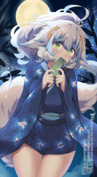 Rule 34 | 1girl, animal ears, blue hair, blue kimono, green eyes, japanese clothes, kimono, kuromiya, looking at viewer, multicolored hair, original, shiromiya asuka (kuromiya), solo, tail, two-tone hair, white hair, wide sleeves