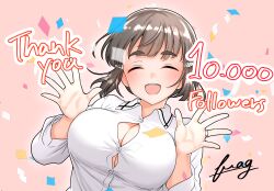 Rule 34 | absurdres, artist name, blush, breasts, brown hair, cleavage, closed eyes, collared shirt, english text, furaggu (frag 0416), hair ornament, hairclip, highres, jewelry, kantai collection, milestone celebration, myoukou (kancolle), open mouth, ring, shirt, short hair, smile, solo, teeth, upper body, upper teeth only, wedding ring, white shirt