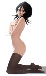 1girl absurdres artist_name ass black_hair black_thighhighs bleach breasts commentary commission crossed_arms english_commentary flipped_hair from_side full_body groin hair_between_eyes hands_on_own_chest highres kagironsfw kneeling kuchiki_rukia long_bangs medium_hair nipples nude parted_lips purple_eyes shadow signature simple_background skindentation small_breasts solo thighhighs thighs toes white_background