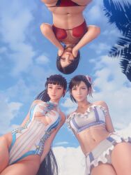3d 3girls ada_wong beach bikini black_hair breasts brown_eyes eve_(stellar_blade) final_fantasy final_fantasy_vii final_fantasy_vii_remake flower from_below hair_flower hair_ornament hands_on_own_face highres long_hair looking_at_viewer midriff multiple_girls one-piece_swimsuit ponytail red_bikini red_eyes resident_evil resident_evil_4 shift_up short_hair sky sreliata stellar_blade swimsuit thighs tifa_lockhart white_bikini white_one-piece_swimsuit