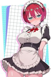 1girl absurdres amate_yuzuriha apron arms_behind_back blush bow bowtie breasts commentary dress frilled_apron frilled_dress frills green_eyes gundam gundam_gquuuuuux highres large_breasts looking_at_viewer maid maid_apron maid_headdress mobile_suit_gundam odorukaminoke red_bow red_bowtie red_hair short_sleeves solo waist_apron white_apron