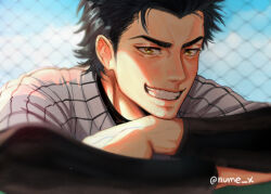 Rule 34 | 1boy, ace of diamond, baseball uniform, black hair, commentary, happy, long sleeves, looking at viewer, male focus, nose, nume x, sanada shunpei, short hair, smile, solo, sportswear, teeth, twitter username, upper body, yellow eyes