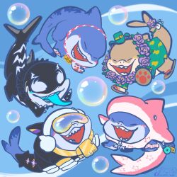 Rule 34 | 1boy, artist logo, artist name, bubble, character name, commentary, english commentary, fangs, fins, fish tail, highres, jeff (marvel), jeff the land shark, jeff the land shark (cuddly fuzzlefin), jeff the land shark (devouring duo), jeff the land shark (incognito dolphin), jeff the land shark (sunshine land shark), logo, male focus, marvel, marvel rivals, multiple views, obscure mo, open mouth, paw print, pawpads, shark, shark fin, shark tail, smile, symbiote, tail, tongue, tongue out