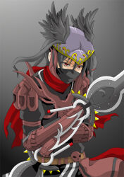 1boy arm_blade armor black_bodysuit black_hair black_wings bodysuit commentary_request dagger dual_wielding feathered_wings gauntlets grey_background guillotine_cross_(ragnarok_online) head_wings helm helmet holding holding_dagger holding_knife holding_weapon jamadhar knife long_hair male_focus mask monou0135 mouth_mask ninja_mask pauldrons ragnarok_online red_armor red_eyes red_scarf scarf shoulder_armor solo upper_body weapon wings