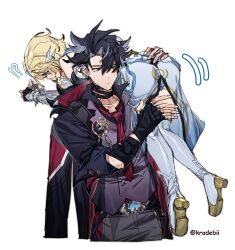 Rule 34 | 1boy, 1girl, absurdres, bare shoulders, black gloves, black hair, blonde hair, blush, bound, bound wrists, carrying, carrying over shoulder, carrying person, closed mouth, commentary request, detached sleeves, dress, earrings, fingerless gloves, flower, fur trim, genshin impact, gloves, hair between eyes, hair flower, hair ornament, hand on another&#039;s ass, hand on another&#039;s thigh, hetero, highres, jewelry, kradebii, lifting another&#039;s clothes, lumine (genshin impact), multicolored hair, necktie, open mouth, red necktie, shirt, short hair, short hair with long locks, sidelocks, thigh grab, upper body, white dress, wriothesley (genshin impact), yellow eyes