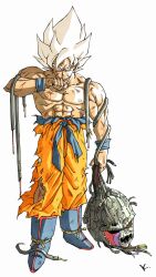 1boy battle_damage blonde_hair blue_boots boots disembodied_head dragon_ball dragonball_z full_body highres kakeru_(dbskakeru) medium_hair meta-cooler muscular muscular_male orange_pants pants red_eyes simple_background solo son_goku spiked_hair super_saiyan super_saiyan_1 topless_male torn_clothes torn_pants white_background
