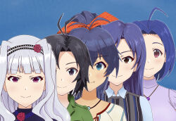 5girls absurdres age_difference ahoge antenna_hair aqua_eyes arms_at_sides artist_request behind_another black_hair blouse blue_background blue_hair bow breasts brown_eyes eyelashes facing_viewer fang female_focus flat_chest flower ganaha_hibiki grey_eyes hair_between_eyes hair_bow hair_flower hair_ornament hairband happy high_ponytail highres idolmaster idolmaster_million_live! jewelry kikuchi_makoto kisaragi_chihaya large_breasts light_blush long_hair looking_at_viewer medium_breasts medium_hair miura_azusa multiple_girls namco necklace parted_bangs ponytail purple_eyes shijou_takane shirt sidelocks simple_background sleeveless sleeveless_sweater smile standing sweater swept_bangs tan tomboy turtleneck turtleneck_shirt upper_body wavy_hair white_hair wide_ponytail