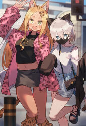Rule 34 | 2girls, absurdres, animal ear fluff, animal ears, animal print, bag, bengal cat-chan (katsu), black shirt, blonde hair, brown skirt, cat ears, cat girl, cat tail, denim, denim shorts, detached sleeves, grey hair, gyaru, highres, jacket, katsu (katsupainter), leopard print, locked arms, long hair, mask, mouth mask, multiple girls, navel, open mouth, original, pink jacket, shirt, shorts, shoulder bag, siamese cat-chan (katsu), skirt, tail, white shirt