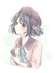 1girl baran._(ba_ra_ran) beret black_hair blunt_bangs blunt_ends blush bob_cut brown_hat closed_mouth collared_dress cropped_torso dream_believers dress flower flower_knot green_background green_eyes hair_flower hair_ornament hat highres holding holding_microphone link!_like!_love_live! long_sleeves looking_at_viewer love_live! microphone momose_ginko official_alternate_costume pink_dress pink_flower rounded_collar short_hair simple_background smile solo split_mouth virtual_youtuber white_background