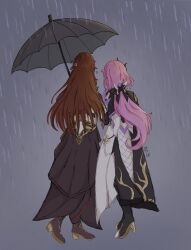 2girls black_dress brown_hair cape commentary dress eden_(honkai_impact) elysia_(honkai_impact) elysia_(miss_pink_elf)_(honkai_impact) english_commentary from_behind grey_background high_heels highres holding holding_umbrella honkai_(series) honkai_impact_3rd long_hair mitsuba_(mitsubread) multiple_girls pink_hair rain umbrella