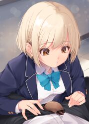 1boy 1girl :o aqua_bow aqua_bowtie between_legs blazer blonde_hair blue_jacket bow bowtie censored collared_shirt commentary_request hands_on_another&#039;s_leg jacket kirishima_satoshi original penis penis_out school_uniform shirt short_hair white_shirt wooden_floor yellow_eyes