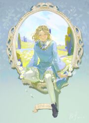 1boy absurdres aged_down androgynous axis_powers_hetalia blonde_hair blue_eyes blue_tunic cloud cloudy_sky flower france_(hetalia) french_text full_body hair_ribbon highres leggings long_sleeves looking_at_viewer male_focus medium_hair on_grass picture_frame ribbon shoes sitting sky smile solo through_medium through_painting trap tunic wavy_hair white_leggings yi_ke_shi_ye_cao