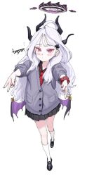 Rule 34 | 1girl, alternate costume, black horns, black shirt, black shoes, black skirt, blue archive, blush, cardigan, closed mouth, commentary request, double v, flying sweatdrops, grey cardigan, grey hair, hair ornament, halo, highres, hina (blue archive), horns, long hair, looking at viewer, low wings, multiple horns, necktie, pink eyes, pleated skirt, red necktie, scrunchie, shirt, shoes, simple background, skirt, socks, solo, tamayume, v, white socks, wings, wrist scrunchie