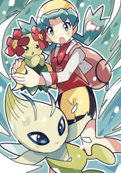 1girl :o anidler91 backpack bag bellossom black_shorts blue_eyes blue_hair celebi cropped_jacket gen_2_pokemon hat highres jacket kris_(pokemon) legendary_pokemon long_hair mythical_pokemon nintendo no_sclera open_clothes open_jacket open_mouth pink_bag pokegear pokemon pokemon_(creature) pokemon_gsc red_shirt shirt shorts twintails two-tone_shorts white_jacket yellow_hat yellow_shorts