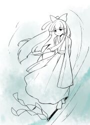Rule 34 | 1girl, alternate costume, arms behind back, bow, chinese commentary, closed mouth, commentary request, gohei, hair bow, hair tubes, hakurei reimu, highres, japanese clothes, karaqia, kimono, long hair, mixed-language commentary, skirt, solo, touhou, very long hair