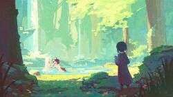 Rule 34 | &gt; &lt;, 5girls, :d, absurdres, ayn (rnna), bathing, black hair, black tail, brown dress, day, dog girl, dog tail, dress, embarrassed, forest, from behind, grass, green hair, hair over one eye, hand on another&#039;s head, highres, lof (rnna), long hair, medium hair, moss, multiple girls, nature, nini (rnna), no nipples, nude, open mouth, original, pond, rnna, rock, scenery, short hair, slime (creature), smile, tail, tree, tutu (rnna), very long hair, water, waterfall, white hair, white tail, wolf girl, wolf tail, xd, youyo (rnna)