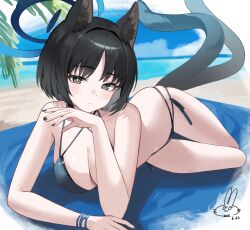 1girl animal_ear_fluff animal_ears awa_(awao141) beach beach_mat bikini black_bikini black_eyes black_hair black_nails black_tail blue_archive blue_bikini blue_sky breasts bright_pupils cat_ears cat_girl cat_tail cleavage closed_mouth commentary_request day fingernails highres kikyou_(blue_archive) kikyou_(swimsuit)_(blue_archive) large_breasts layered_bikini looking_at_viewer multiple_tails nail_polish ocean official_alternate_costume short_hair skindentation sky swimsuit tail thighs two_tails white_pupils