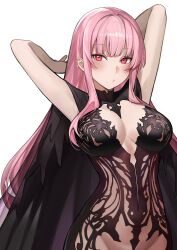 1girl absurdres alternate_costume arms_up black_cloak black_dress breasts cloak dress highres hololive hololive_english large_breasts long_hair looking_at_viewer mori_calliope pink_eyes pink_hair rakku_(rkrmz0n) simple_background solo virtual_youtuber white_background