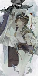 Rule 34 | 1girl, :d, black shorts, black vest, book, brown hair, cape, dice, earrings, feet out of frame, green cape, green eyes, green hat, grey background, hands up, hat, hat feather, highres, holding, holding notebook, holding quill, ink, inkwell, jewelry, kaitei~, looking to the side, newsboy cap, notebook, open book, open clothes, open mouth, open vest, pantyhose, polyhedral dice, quill, recoleta (reverse:1999), reverse:1999, shirt, short hair, short shorts, shorts, smile, solo, vest, white pantyhose, white shirt