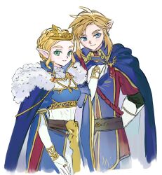Rule 34 | 1boy, 1girl, arm behind back, blonde hair, blue cloak, blue eyes, bracer, breasts, cloak, closed mouth, cowboy shot, crown, earrings, ermine, fur-trimmed cloak, fur trim, gloves, gold trim, green eyes, highres, holding hands, jewelry, link, medium breasts, military uniform, nintendo, official alternate costume, opleillle, parted bangs, pointy ears, princess zelda, royal guard set (zelda), sidelocks, smile, swept bangs, the legend of zelda, the legend of zelda: breath of the wild, updo, upper body, weasel, white background, white gloves
