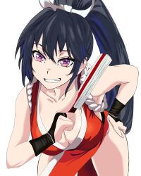 1girl blue_hair breasts choppy_bangs cleavage collarbone commentary_request cosplay gagusha grin hair_between_eyes hand_fan highres ichinose_uruha large_breasts leaning_forward long_hair multicolored_eyes multicolored_hair paper_fan pelvic_curtain pink_eyes ponytail purple_eyes shiranui_mai shiranui_mai_(cosplay) sidelocks simple_background smile solo streaked_hair teeth the_king_of_fighters thighs vspo! white_background