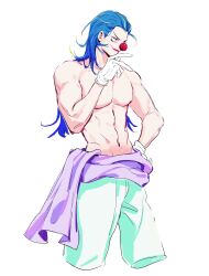 Rule 34 | 1boy, blue hair, buggy the clown, closed mouth, clown nose, eyelashes, gloves, green pants, highres, looking ahead, male focus, navel, one piece, pants, pectorals, simple background, solo, toned, toned male, topless male, vamos mk, white background, white gloves