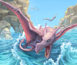 aerodactyl animal_focus chao_xiaopu commentary_request creatures_(company) day flying game_freak gen_1_pokemon green_eyes highres nintendo no_humans open_mouth outdoors pokemon pokemon_(creature) sky solo teeth water