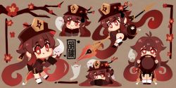 &gt;_&lt; 1girl :q =_= antenna_hair arms_up black_footwear black_headwear black_shirt black_shorts brown_background brown_hair character_name chibi commentary concentrating covering_own_mouth fingersmile flower flower-shaped_pupils forced_smile full_body genshin_impact ghost gradient_hair hat hat_flower heart highres holding holding_polearm holding_spear holding_unworn_clothes holding_unworn_hat holding_weapon hu_tao_(genshin_impact) jitome long_hair looking_at_viewer lying multicolored_hair multiple_views o/ on_stomach outstretched_arms parted_lips plum_blossoms polearm projecttiger red_eyes shirt shoes shorts sidelocks signature simple_background socks spear symbol-only_commentary symbol-shaped_pupils t_t tongue tongue_out translated unworn_hat unworn_headwear upper_body weapon white_socks