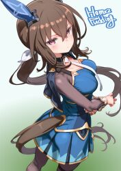 1girl admire_vega_(umamusume) animal_ears artist_name black_pantyhose blue_dress breasts brown_hair cleavage_cutout closed_mouth clothing_cutout dress ear_covers from_behind frown gradient_background green_background hair_ribbon highres horse_ears horse_girl horse_tail long_hair long_sleeves looking_at_viewer looking_back low_ponytail necktie pantyhose pleated_dress ponytail puddinghomhom purple_eyes ribbon short_dress signature single_ear_cover solo standing tail tail_through_clothes umamusume white_necktie white_ribbon