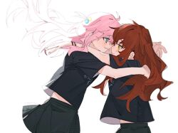 Rule 34 | 2girls, arms around neck, black shirt, black skirt, blue eyes, blush, bocchi the rock!, eye contact, floating hair, gotoh hitori, highres, hug, kessoku band t-shirt, kita ikuyo, koiwurea, long hair, looking at another, multiple girls, noses touching, one side up, parted lips, pink hair, red hair, shirt, short sleeves, simple background, skirt, smile, white background, yellow eyes, yuri