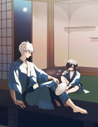 Rule 34 | 2boys, alternate costume, arch bishop (ragnarok online), barefoot, black-framed eyewear, black hair, blue kimono, brown eyes, closed mouth, commentary request, datenshi no fu, despair god morroc, food, full body, full moon, glasses, hair over one eye, hand fan, highres, indoors, japanese clothes, kimono, looking at another, male focus, moon, multiple boys, night, open mouth, pointy ears, popsicle, ragnarok masters, ragnarok online, short hair, shouji, sliding doors, smile, table, watermelon bar, white hair