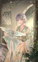 Rule 34 | 1girl, arch, artist request, bush, cheery kite (shining nikki), closed mouth, cobblestone, earrings, expressionless, feet out of frame, flower, game cg, garden, green sleeves, grey hair, hair bun, hair flower, hair ornament, half-closed eyes, highres, holding kite, jewelry, kite, lipstick, long sleeves, looking at object, makeup, nikki (series), official art, outdoors, pillar, pink lips, plant, shining nikki, short hair, single side bun, single sidelock, sitting, solo, vines, white flower, wide sleeves, window, yellow eyes, yellow hanfu, yexiao (shining nikki)