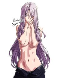 1girl baron_(varon666) black_pants breasts highres kamen_rider kamen_rider_w large_breasts looking_at_viewer navel pants purple_eyes purple_hair signature simple_background solo tokime_(fuuto_tantei) toplesa topless_female white_background