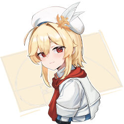 1girl beret blonde_hair blush girls&#039;_frontline girls&#039;_frontline_2:_exilium golden_spiral hair_intakes hat hat_feather highres looking_at_viewer nagant_(girls&#039;_frontline_2) nagant_revolver_(girls&#039;_frontline) red_eyes red_scarf scarf shenqi_xiaohuang short_hair simple_background smile solo upper_body