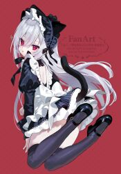 1girl absurdres animal_ears apron back_cutout black_dress cat_ears cat_tail clothing_cutout convenient_leg dress full_body hairband highres lolita_hairband long_hair looking_at_viewer maid mary_janes mearylis_(yamanasi_mikage) original shoes solo tail thighhighs yamanasi_mikage
