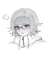 ... 1boy aotsuki_eito blue_eyes blush eyelashes glasses highres looking_at_viewer male_focus open_mouth parted_hair simple_background solo solo_focus speech_bubble the_hundred_line_-last_defense_academy- white_background white_hair zipper zipper_pull_tab