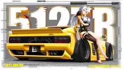 1girl absurdres ahoge animal animal_on_shoulder artist_name asymmetrical_gloves barefoot bird bird_on_shoulder black_bird black_gloves black_shorts breasts car character_name cleavage coin coin_on_string commentary copyright_logo cropped_jacket crossed_arms elbow_gloves feet ferrari ferrari_512tr gloves grey_background hair_between_eyes hair_ornament highres inset_border jacket large_breasts long_hair looking_ahead motor_vehicle on_car procreate_(medium) shirt shorts side-view_mirror single_elbow_glove single_hair_intake single_thighhigh sitting smile solo sports_car stirrup_legwear tassel taylorcat thigh_strap thighhighs toeless_legwear toes uneven_gloves vehicle_muffler vehicle_name very_long_hair white_background white_shirt yellow_car yellow_eyes yellow_jacket yin_yang_pin yixuan_(zenless_zone_zero) zenless_zone_zero