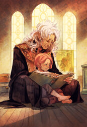 aged_down alternate_hair_length alternate_hairstyle ameliecausse aries_muu aries_shion barefoot black_robe book box child closed_eyes highres hikimayu indian_style indoors long_hair long_sleeves old old_man on_floor open_book parted_lips reading robe saint_seiya sitting smile sunlight u_u white_hair wide_sleeves window wrinkled_skin