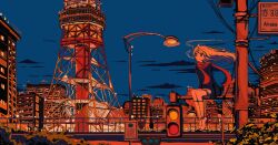 1girl aqua_eyes arms_at_sides artdroiiid_ii blue_sweater blue_theme bridge building cigarette city city_lights cityscape cloud commentary english_commentary expressionless floating_clothes floating_hair kneehighs lamppost limited_palette long_hair looking_at_viewer night night_sky original pedestrian_bridge power_lines radio_tower red_scarf red_theme road_sign scarf scenery shoes shorts sideways_glance sign sitting sky skyscraper sleeves_past_fingers sleeves_past_wrists smoke smoking socks solo sweater traffic_light transformer tree utility_pole white_hair white_shoes white_shorts white_socks wide_shot wind