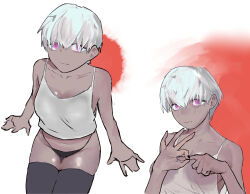 Rule 34 | 1girl, absurdres, black nails, dark-skinned female, dark skin, expressionless, gesture, highres, kipnevh, looking at viewer, nail polish, navel, original, penetration gesture, purple eyes, see-through clothes, sexually suggestive, short hair, tagme, tank top, thighhighs, thong, tomboy, white background, white hair