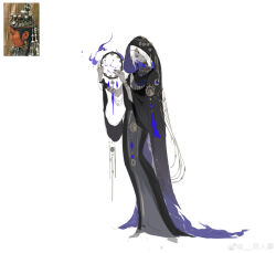 1girl absurdres barefoot black_cloak blue_cloak bracelet braid circlet cloak closed_mouth colored_skin dreamcatcher expressionless full_body gold_bracelet gold_circlet gold_necklace gradient_cloak grey_skin hair_over_one_eye highres holding hood hood_down hooded_cloak jewelry jin_renshi long_hair long_sleeves necklace original personification reference_inset simple_background single_braid solo standing starry_sky_print tassel torn_cloak torn_clothes two-sided_cloak two-sided_fabric watermark weibo_watermark white_background white_hair wide_sleeves