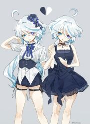 ahoge aqua_eyes black_choker black_dress black_shoes blue_eyes blue_ribbon breasts choker dress drop-shaped_pupils feet_out_of_frame furina_(genshin_impact) genshin_impact grey_background hair_between_eyes hair_intakes hand_in_own_hair hat heterochromia highres holding_hands interlocked_fingers long_hair meameeea mini_hat neck_ribbon official_alternate_costume ouji_fashion parted_lips ponytail ribbon shirt shoes short_dress short_hair short_sleeves sleeveless sleeveless_dress small_breasts smile symbol-shaped_pupils thigh_strap white_hair white_shirt
