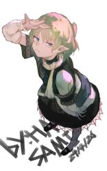 Rule 34 | 1girl, absurdres, arm up, arm warmers, black dress, blonde hair, brown shirt, closed mouth, commentary, dress, frown, full body, green eyes, highres, hua ha jiazi, looking at viewer, mizuhashi parsee, pointy ears, scarf, shirt, short hair, simple background, sleeveless, sleeveless dress, solo, symbol-only commentary, touhou, white background, white scarf