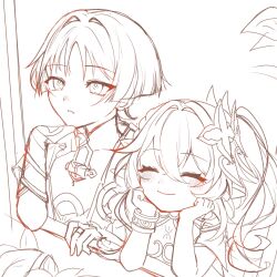 Rule 34 | 1boy, 1girl, armlet, armor, blunt ends, blush, bodysuit, bracelet, bridal gauntlets, closed mouth, covered collarbone, detached sleeves, dress, elbow rest, eyelashes, facing to the side, genshin impact, gunocha, hair between eyes, hair intakes, hair ornament, half crown braid, hand rest, hand up, hands on own face, head rest, highres, japanese armor, japanese clothes, jewelry, kimono, kote, leaf, leaf hair ornament, leaning forward, long hair, looking to the side, mandarin collar, middle ring, nahida (genshin impact), open clothes, open kimono, open mouth, pointy ears, scaramouche (genshin impact), sepia, side ponytail, sidelocks, sketch, smile, wanderer (genshin impact), window, wispy bangs