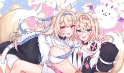 2girls :3 animal_ear_fluff animal_ears black_coat black_jacket blonde_hair blue_eyes blue_hair blue_hairband blush breasts claw_pose cleavage coat crop_top cropped_shirt dog_ears dog_girl dog_tail dress fake_horns fang fuwawa_abyssgard fuwawa_abyssgard_(1st_costume) hairband headphones headphones_around_neck highres hololive hololive_english horns jacket large_breasts mikujin_(mikuzin24) mococo_abyssgard mococo_abyssgard_(1st_costume) multicolored_hair multiple_girls open_clothes open_coat open_jacket perroccino_(fuwamoco) pink_eyes pink_hair pink_hairband shirt siblings sisters skin_fang spiked_hairband spikes streaked_hair tail twins two-tone_hair virtual_youtuber white_dress white_shirt