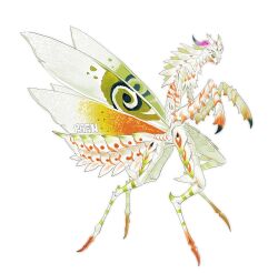 Rule 34 | 1boy, abdomen tail, arthropod boy, arthropod limbs, arthropod tail, artist name, bairizuomeng, body markings, carapace, centauroid, chimera, exoskeleton, extra legs, from side, full body, green eyes, green wings, highres, horns, insect wings, male focus, mandibles, mantis boy, monster boy, multicolored eyes, multicolored wings, orange wings, original, pink horns, praying mantis, simple background, solo, standing, swirl, taur, white background, wings, yellow eyes